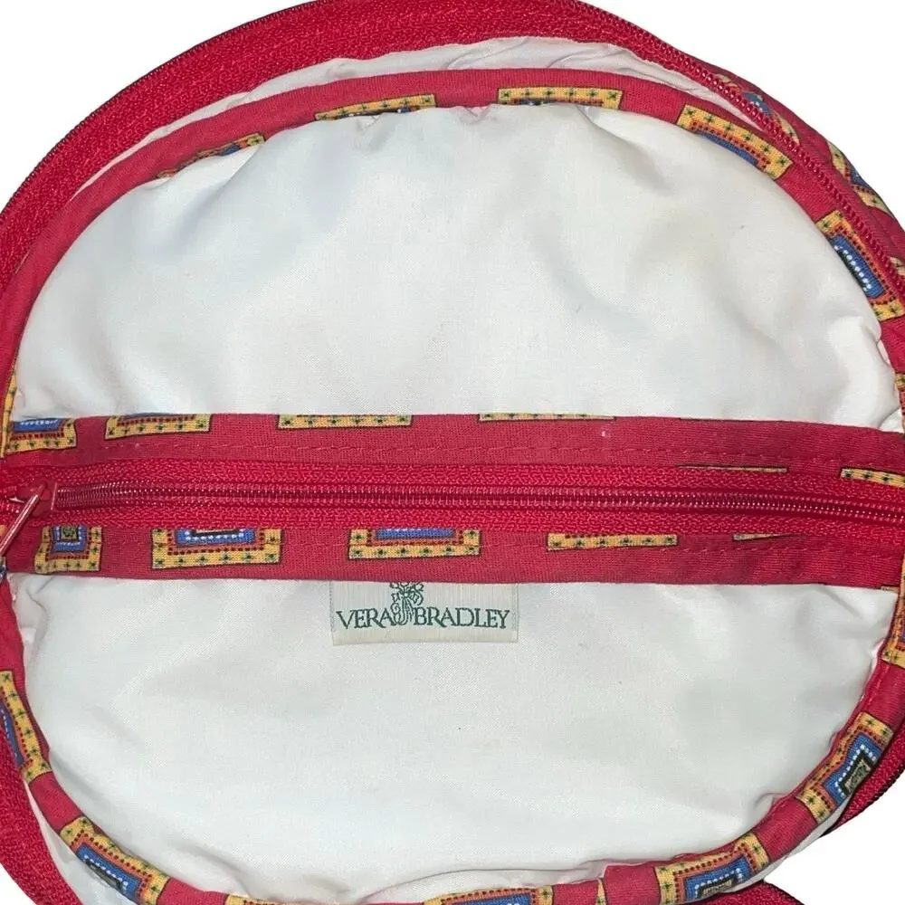 Vera Bradley Round Train Case Villa Red Quilted Cotton Makeup Cosmetic Bag VTG